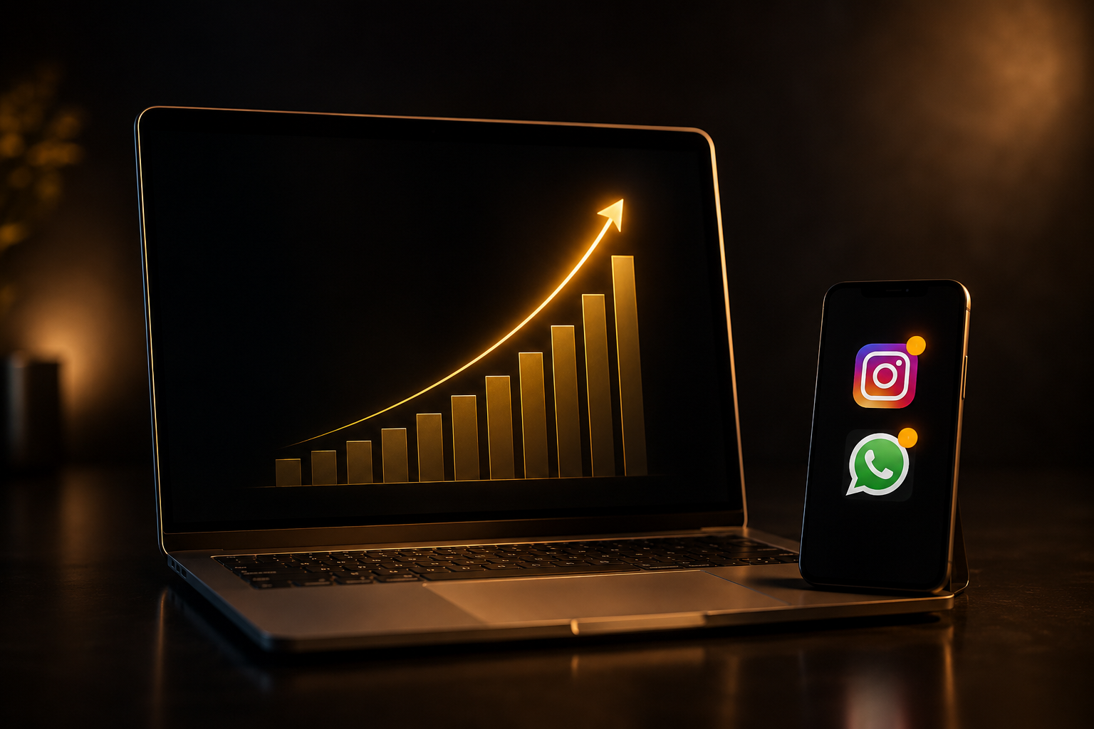 Notebook e smartphone mostrando Instagram e WhatsApp